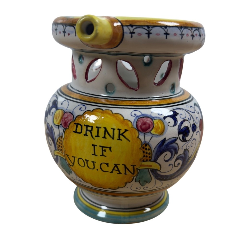 P.V. Italy Majolica Puzzle Jug Drink If You Can Hand Painted Ceramic Pitcher